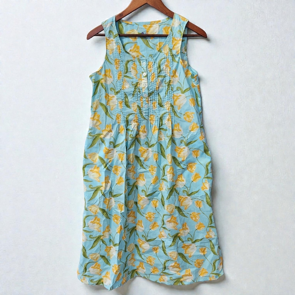 Ella Simone Sleeveless Cotton Nightgown Pintuck Placket Floral Blue 2 Pocket